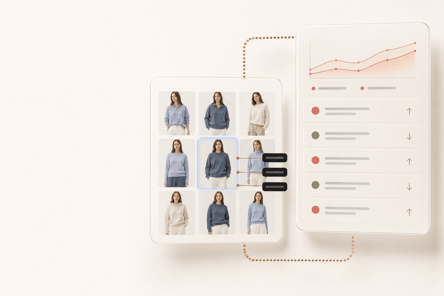 Fix sprint — product grid wired to analytics panels, cream editorial infographic base