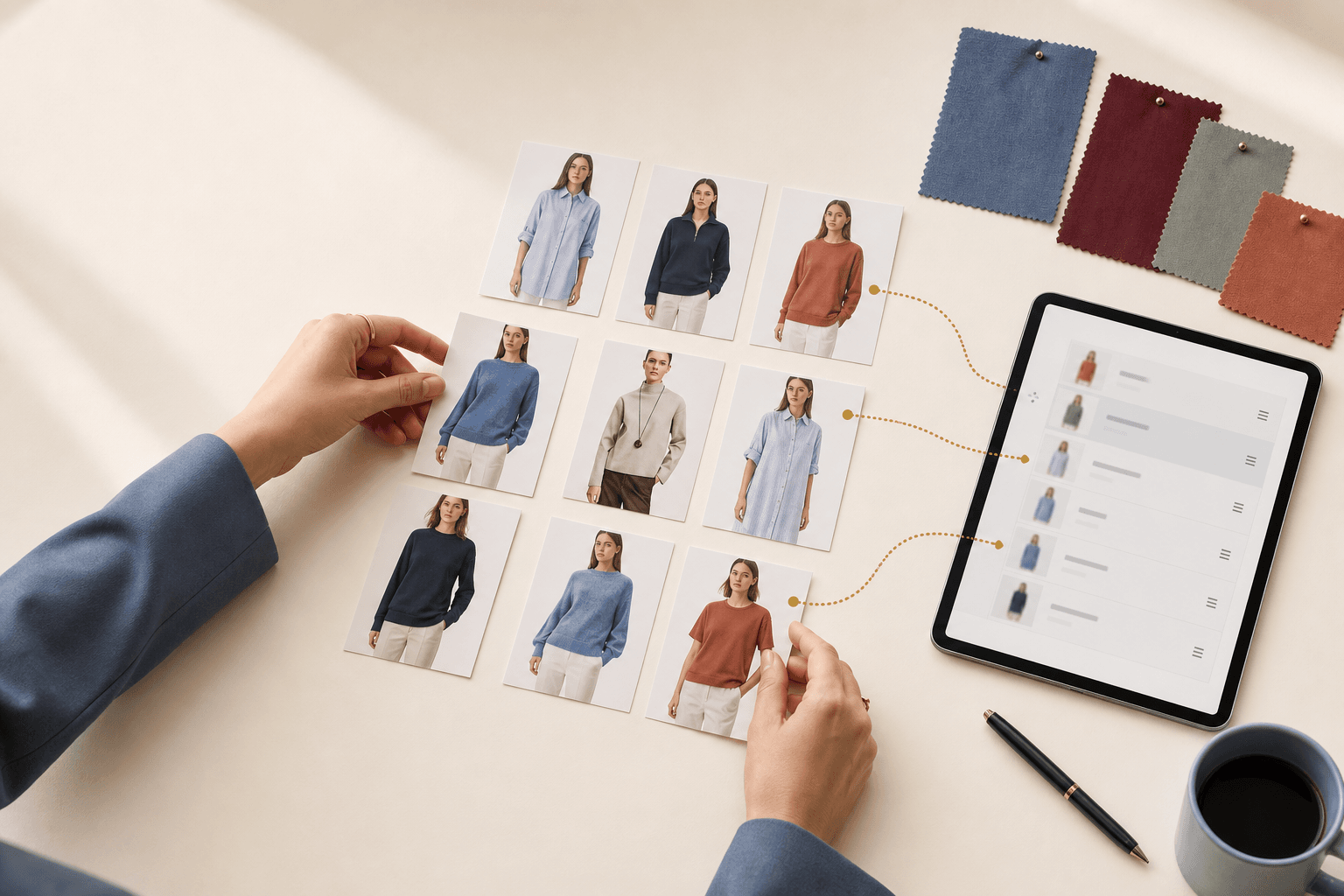 Discovery audit — physical merchandising grid synced to tablet list, cream desk editorial